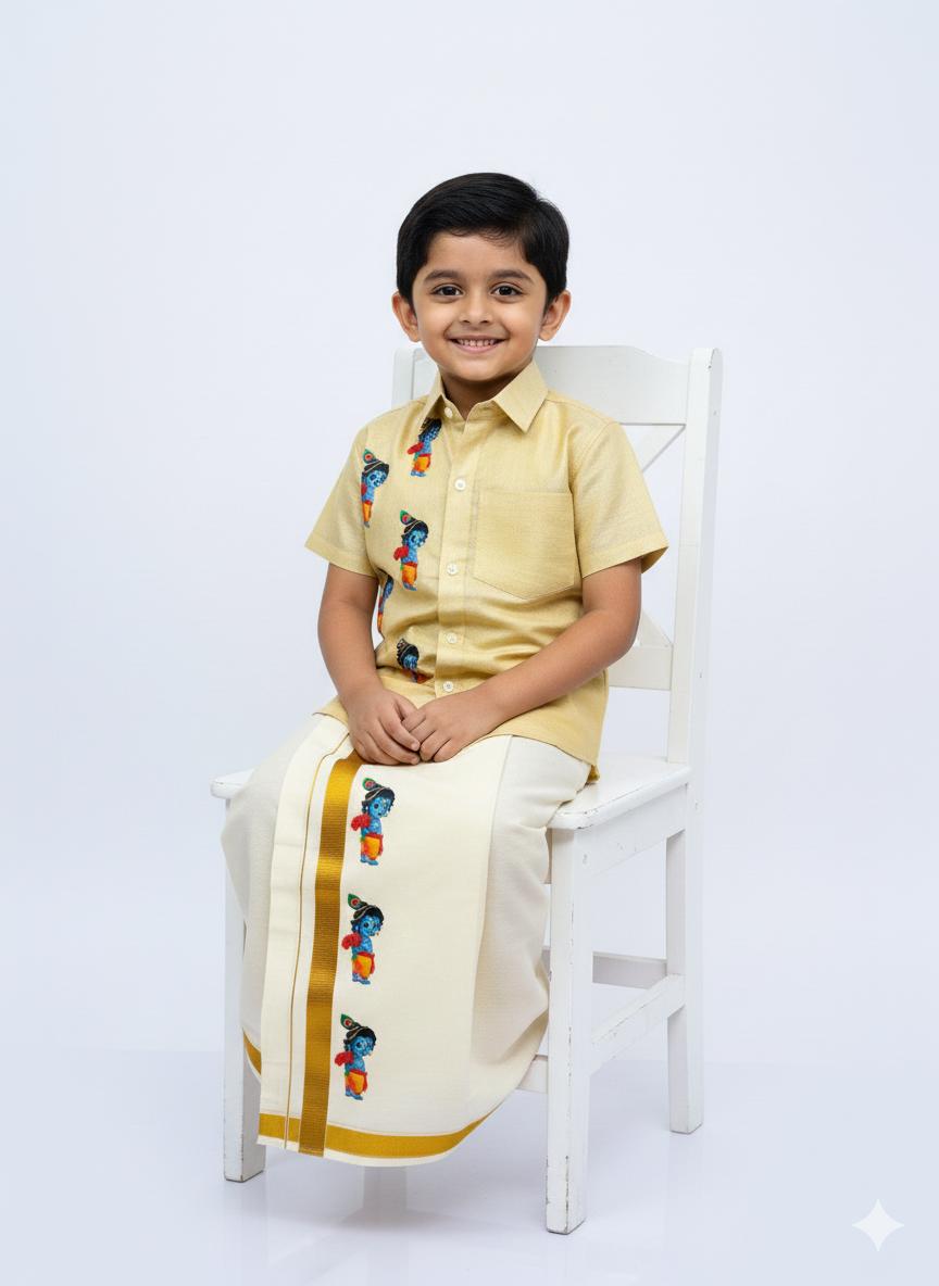 Golden tissue shirt with little krishna print SHIRT AND MUNDU COMBO