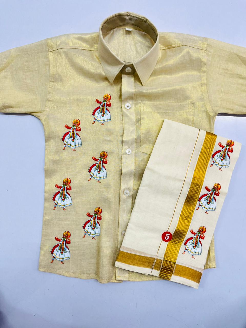 Golden tissue with kathakali design SHIRT AND DHOTHIE COMBO