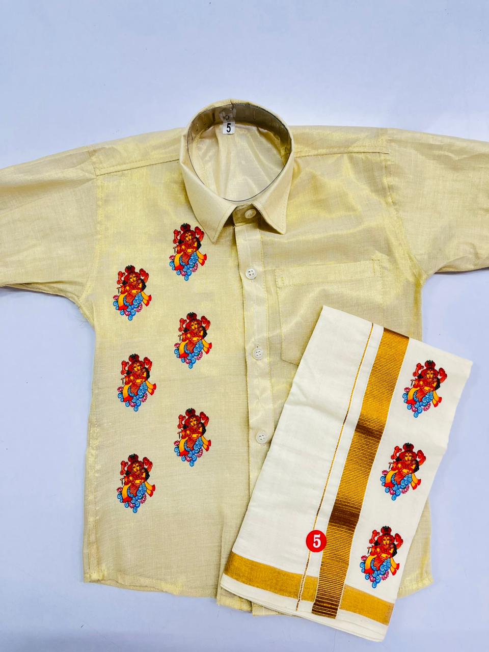 Golden tissue shirt with flute krishnar design SHIRT AND MUNDU COMBO