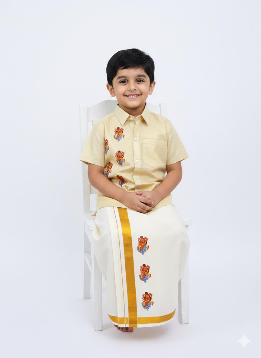 Golden tissue shirt with flute krishnar design SHIRT AND MUNDU COMBO