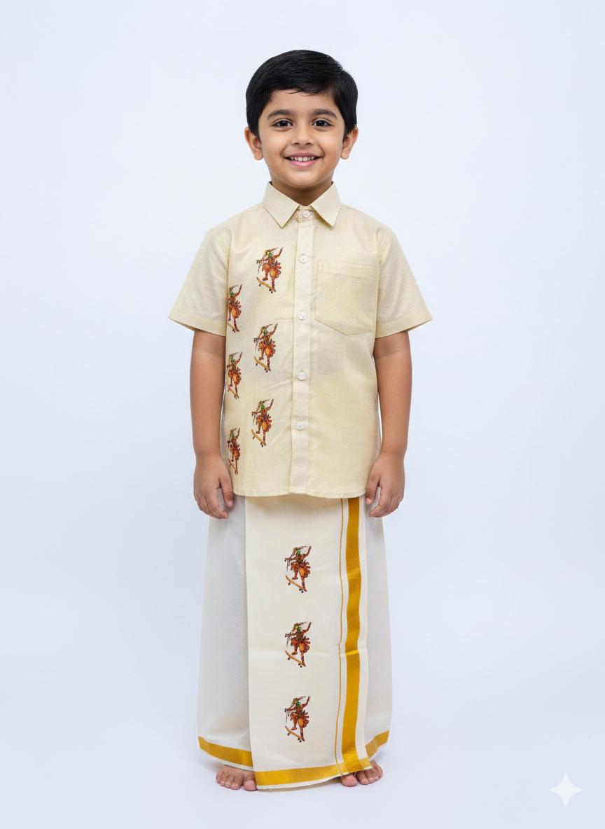 Golden tissue shirt with kathakali skating design SHIRT AND MUNDU COMBO