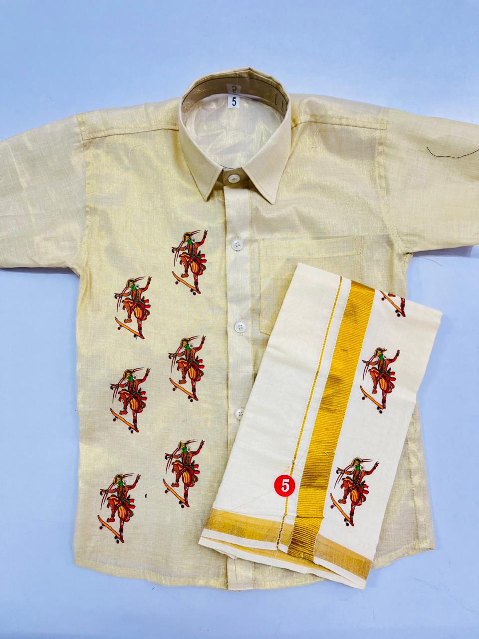 Golden tissue shirt with kathakali skating design SHIRT AND MUNDU COMBO