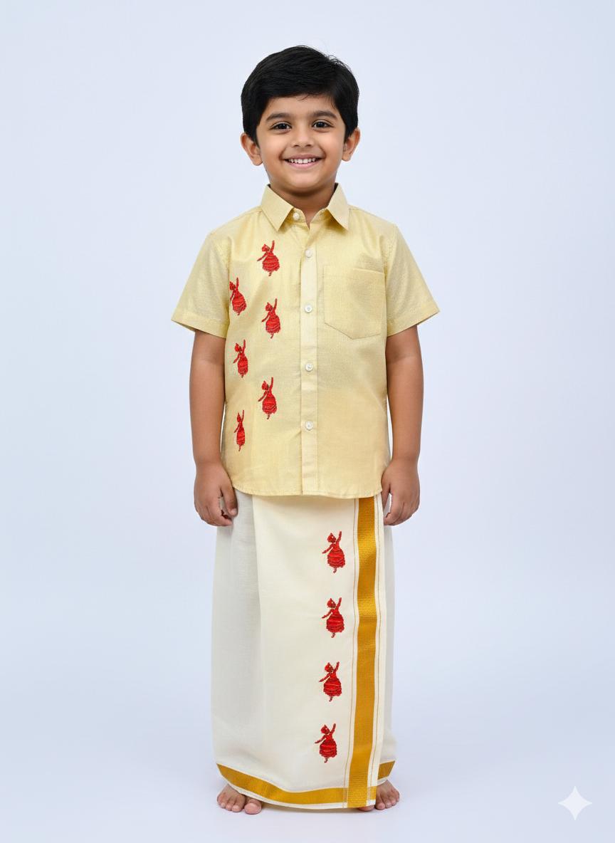 Golden tissue shirt with theyyam design SHIRT AND MUNDU COMBO