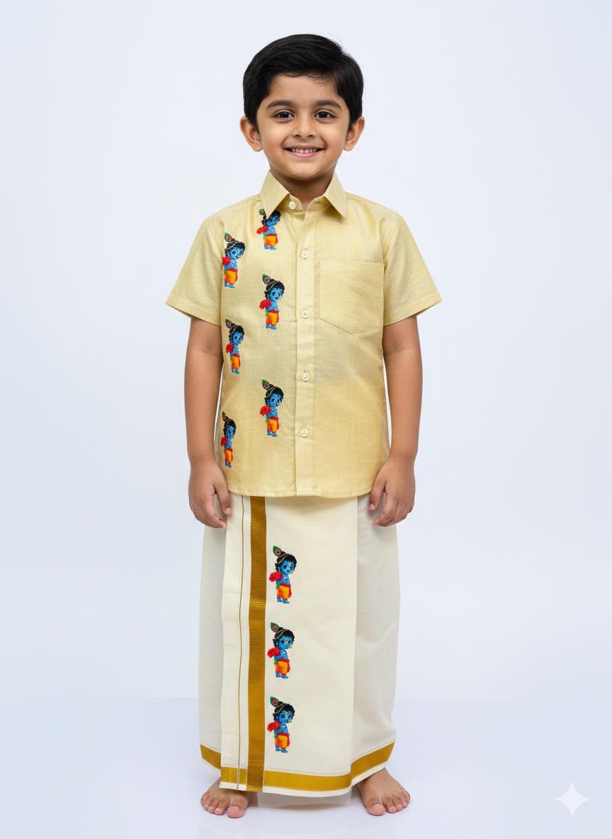Golden tissue shirt with little krishna print SHIRT AND MUNDU COMBO