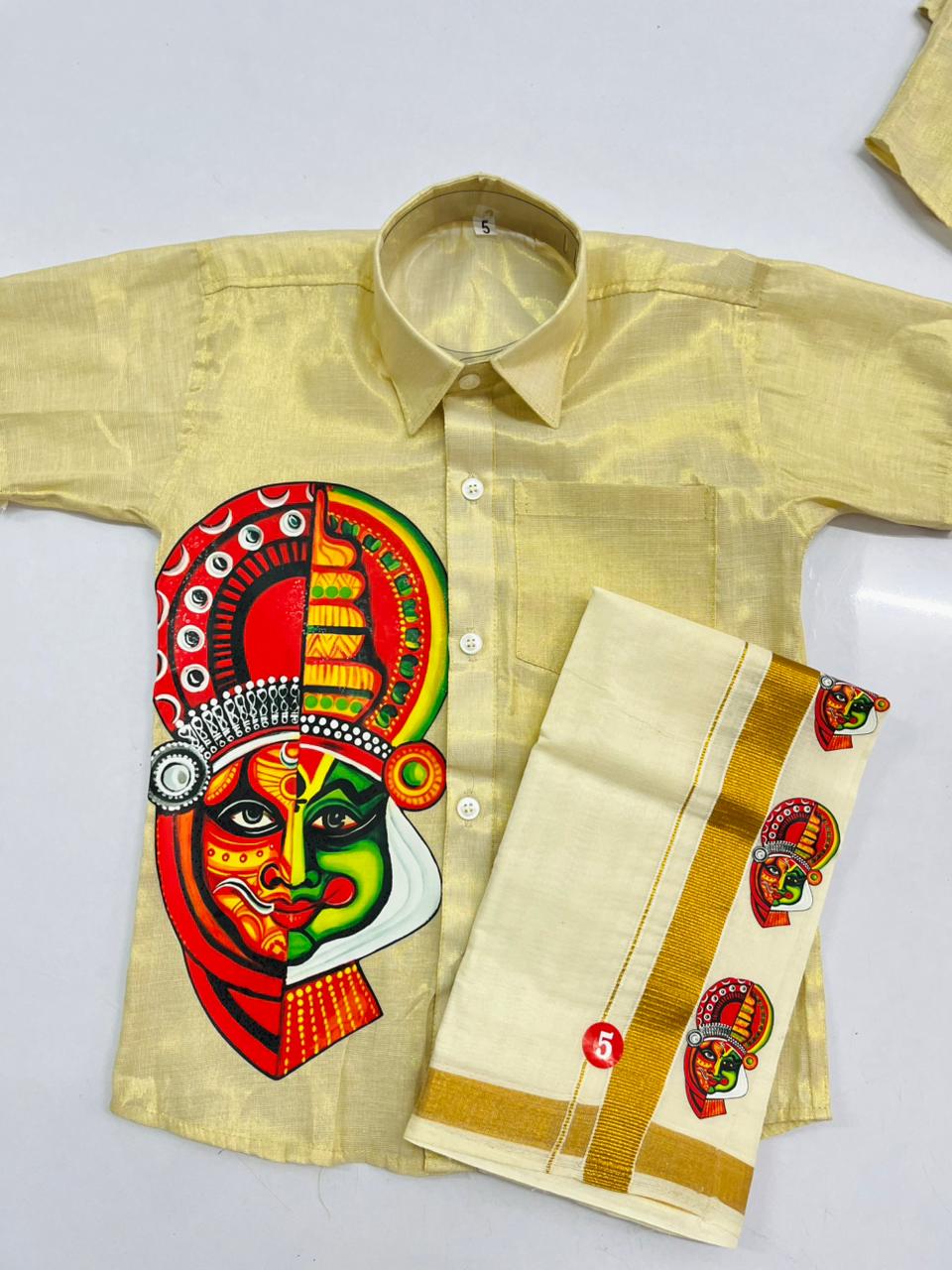 Golden tissue with big kathakali theyyam half and half design SHIRT AND MUNDU COMBO