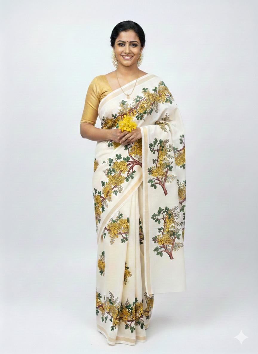 vishu Kanikonna flower design plain white  cotton set mundu 2.80mtr