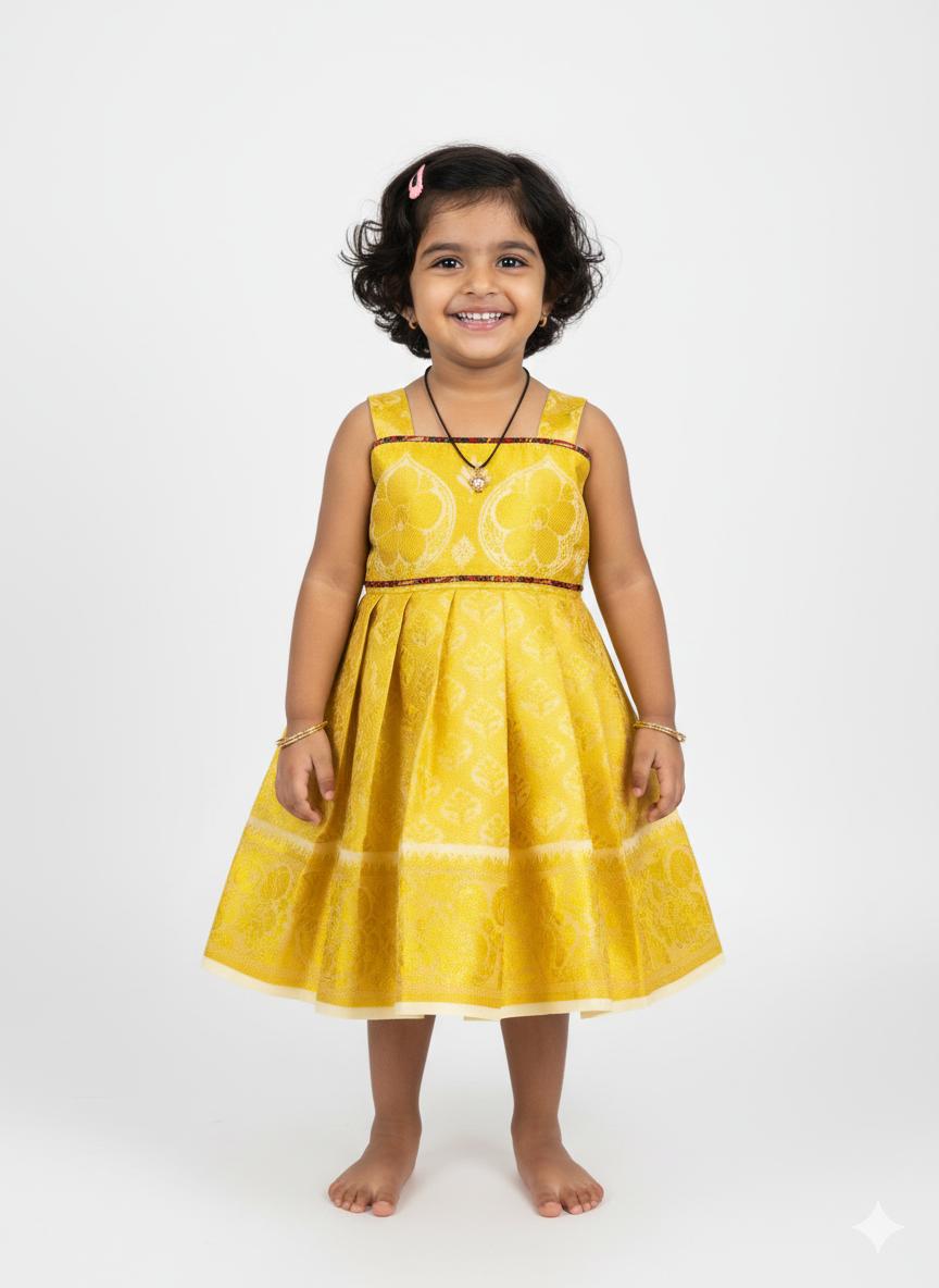 Golden Tissue Worked Frock With ajrack Border Line