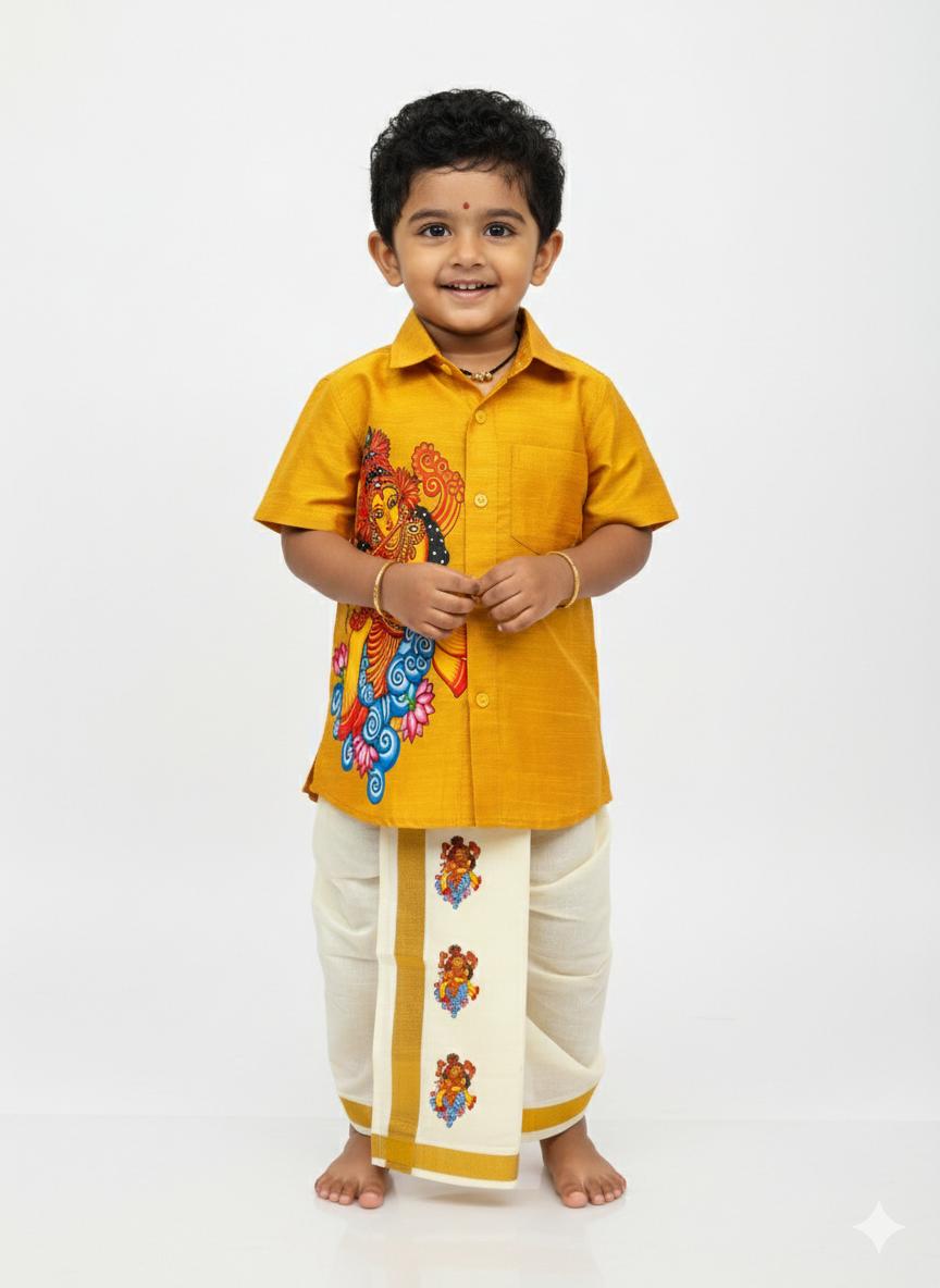 Kids yellow Shirt and Mundu with same design