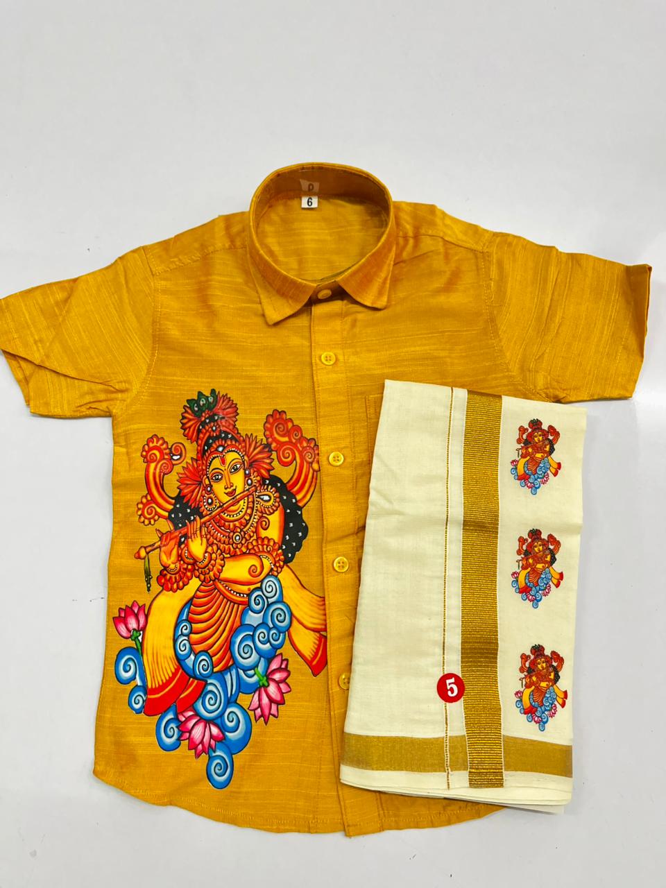 Kids yellow Shirt and Mundu with same design