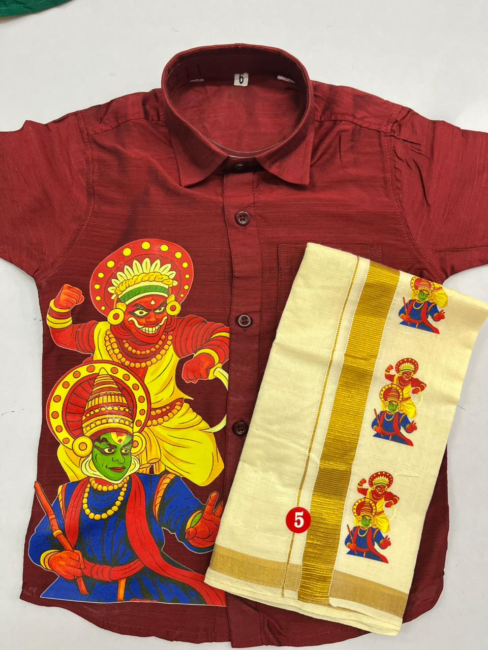 Maroon Shirt and Mundu with Kathakali Print