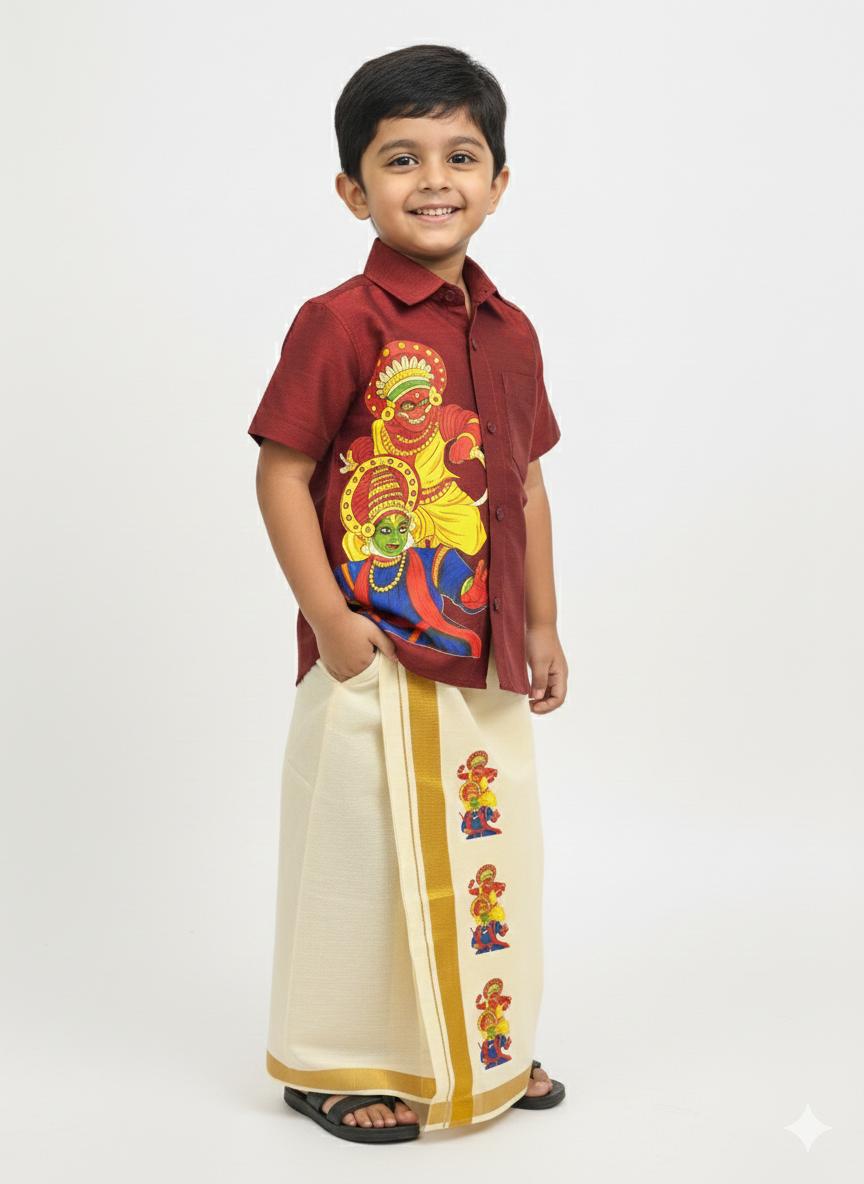 Maroon Shirt and Mundu with Kathakali Print