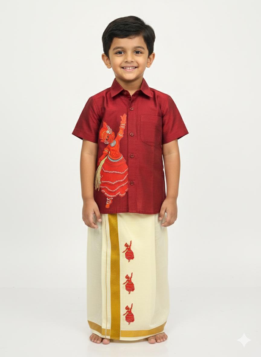 Red shirt and mundu with thayam printed