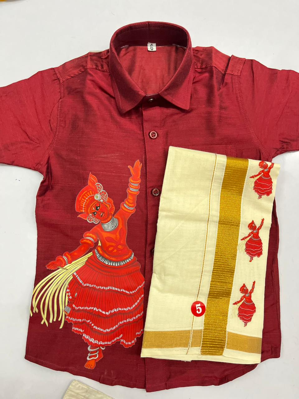 Red shirt and mundu with thayam printed