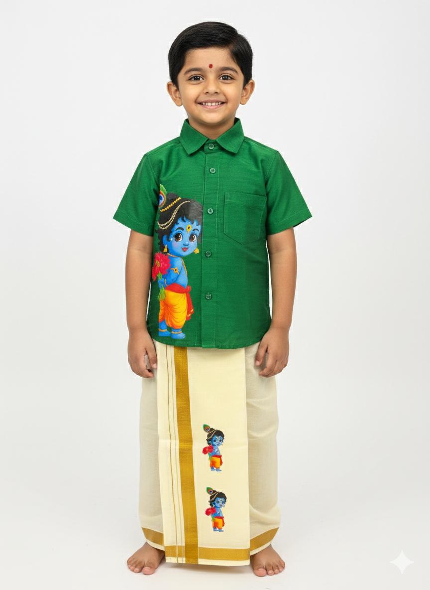 Green Shirt with Little Krishna print