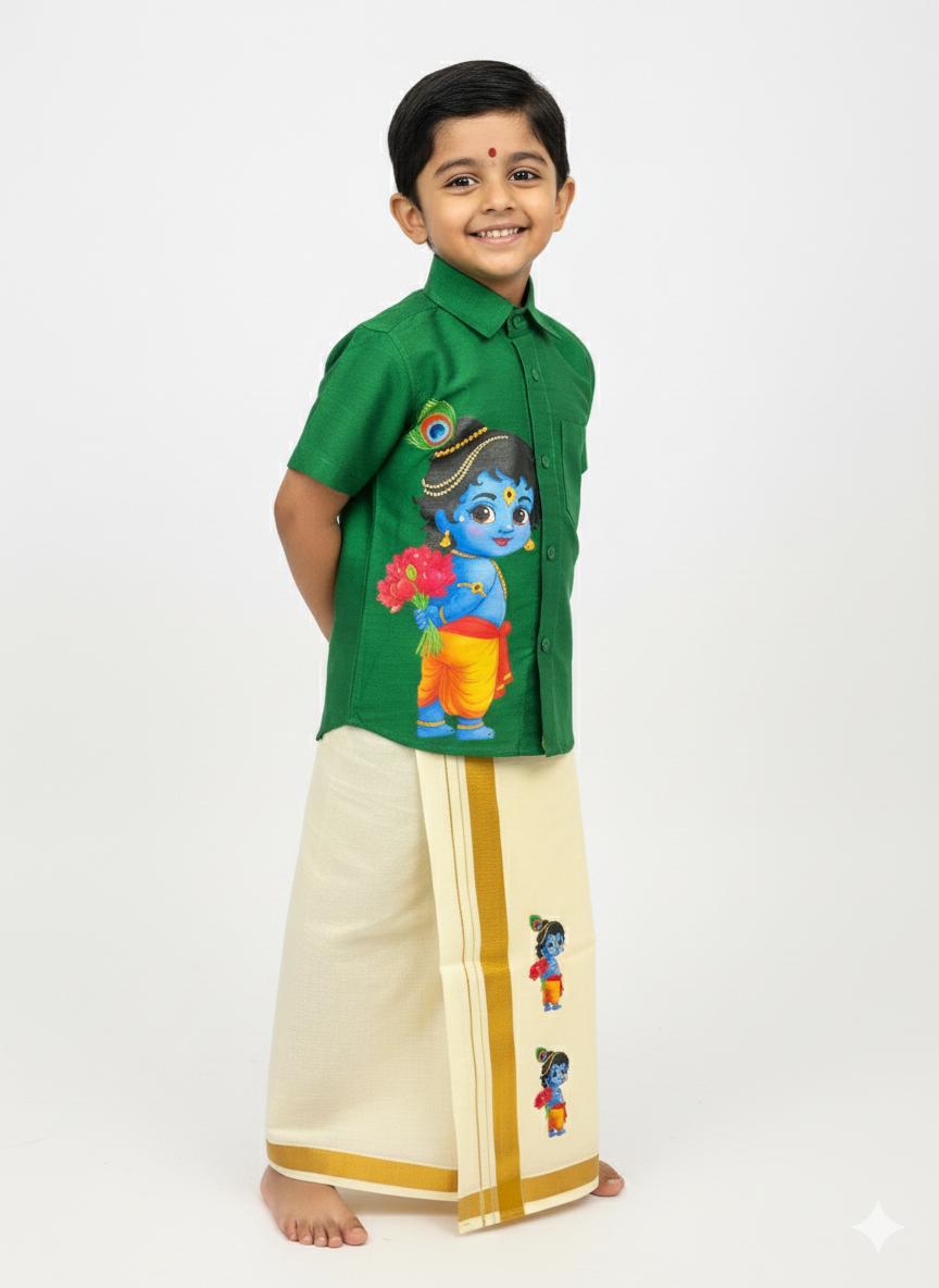 Green Shirt with Little Krishna print
