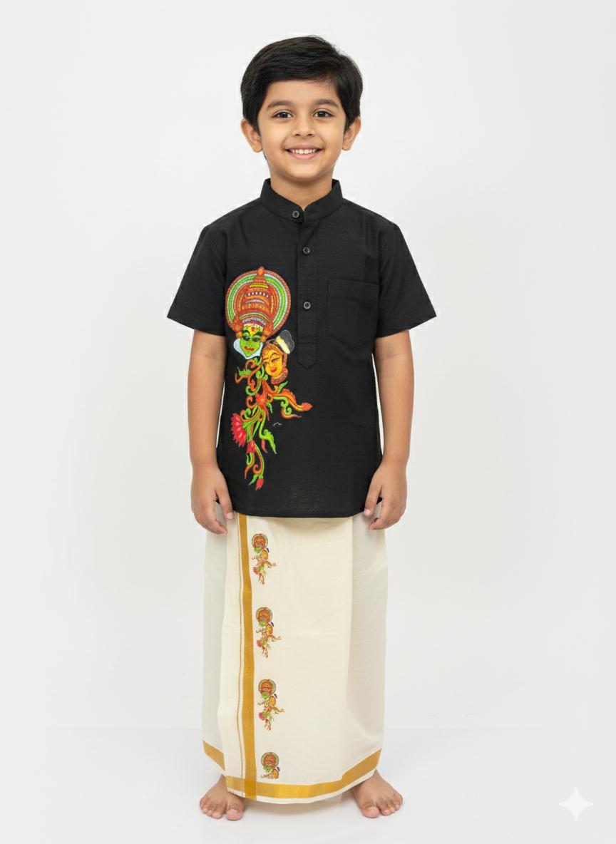 Black Shirt and Mundu with kathakali print
