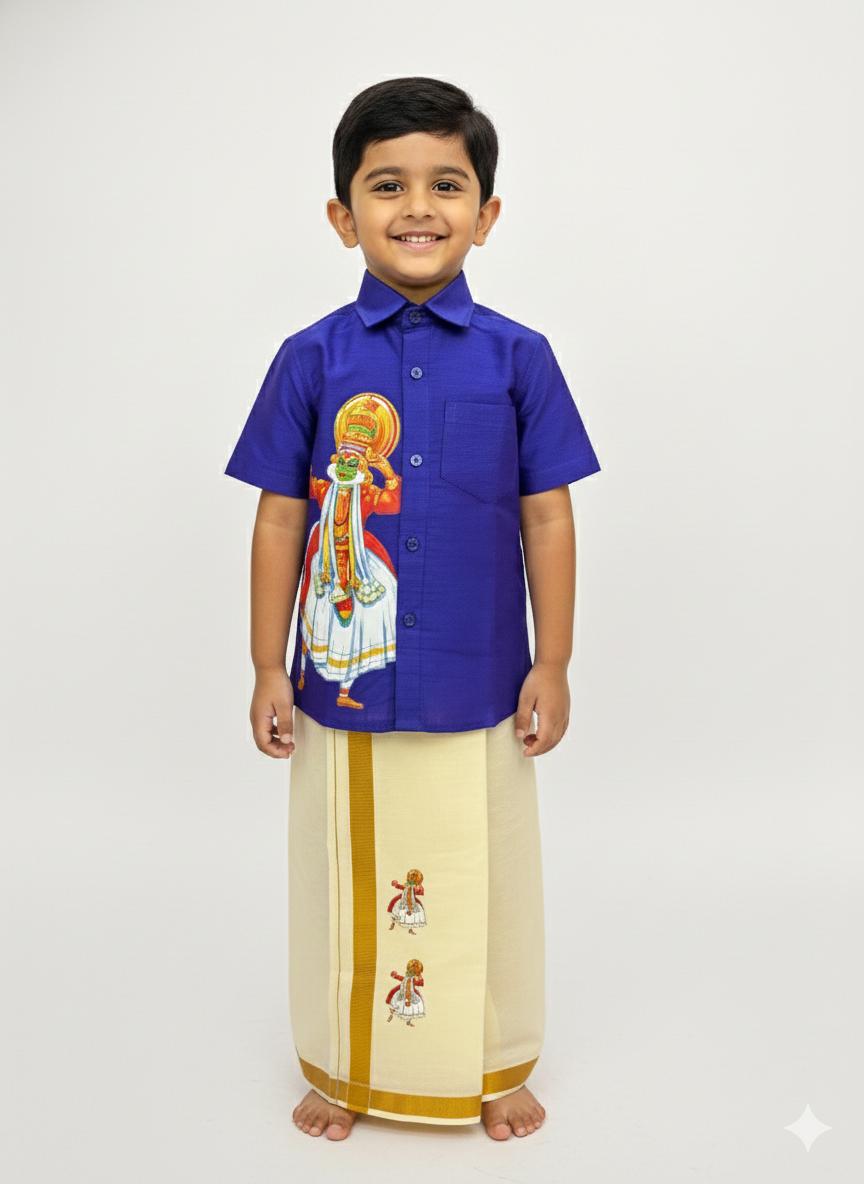 Blue Shirt and mundu with Kathakali Print