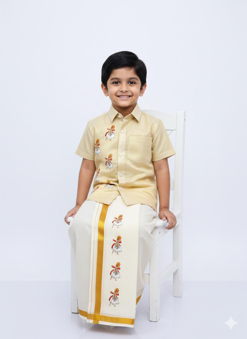 Golden tissue with kathakali design SHIRT AND DHOTHIE COMBO