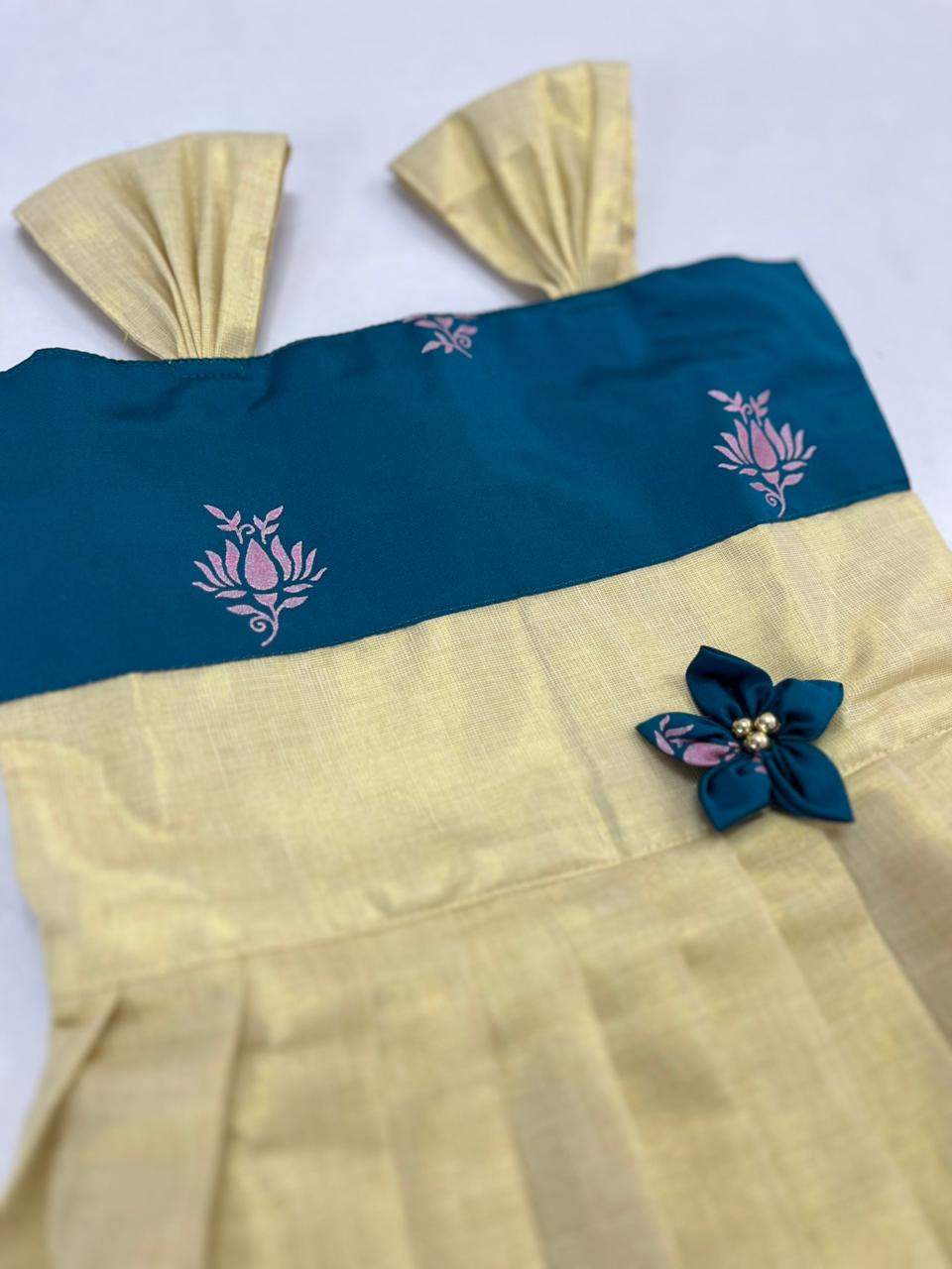 kid frockgolden tissue with blue colour design 1 yr