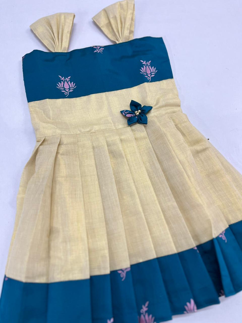 kid frockgolden tissue with blue colour design 1 yr