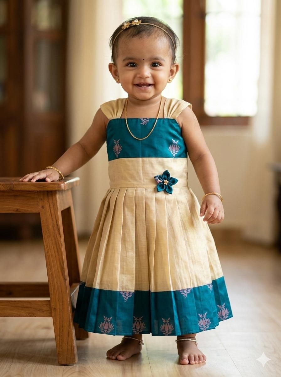 kid frockgolden tissue with blue colour design 1 yr