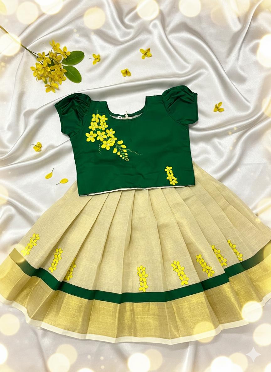 Traditional tissue and colour pattupavada top green and skirt tissue with design