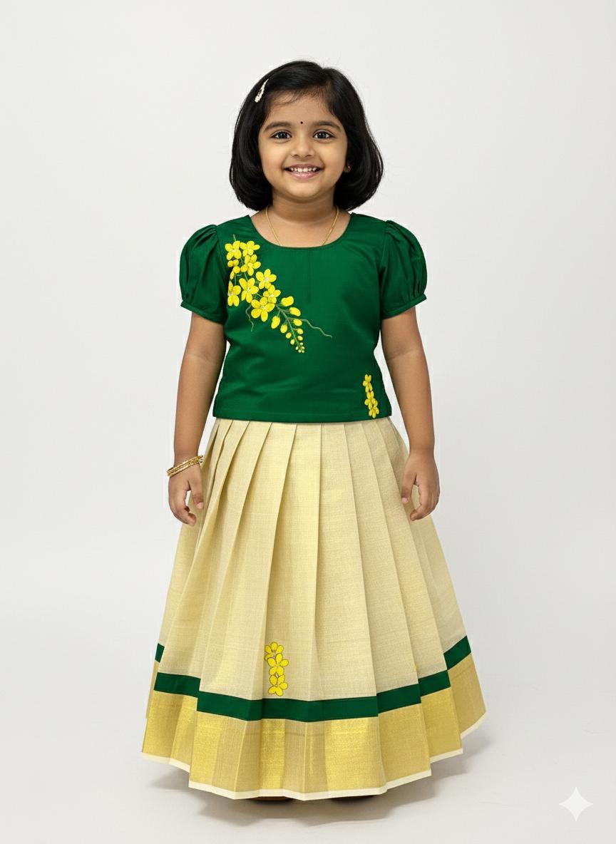 Traditional tissue and colour pattupavada top green and skirt tissue with design