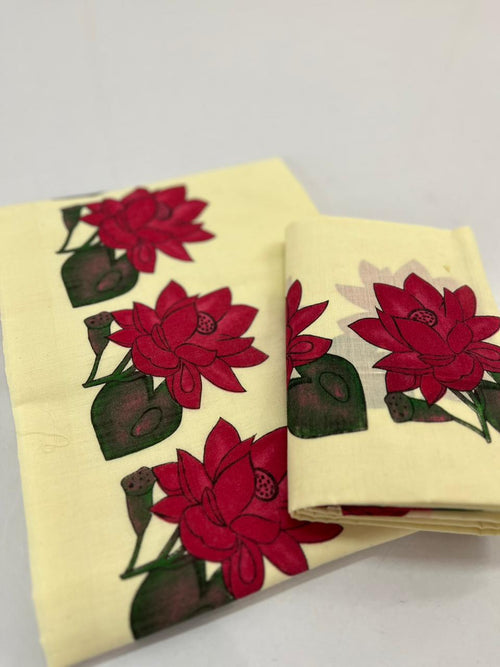 Cotton setmundu white with LOTUS PRINT 2.80mtr